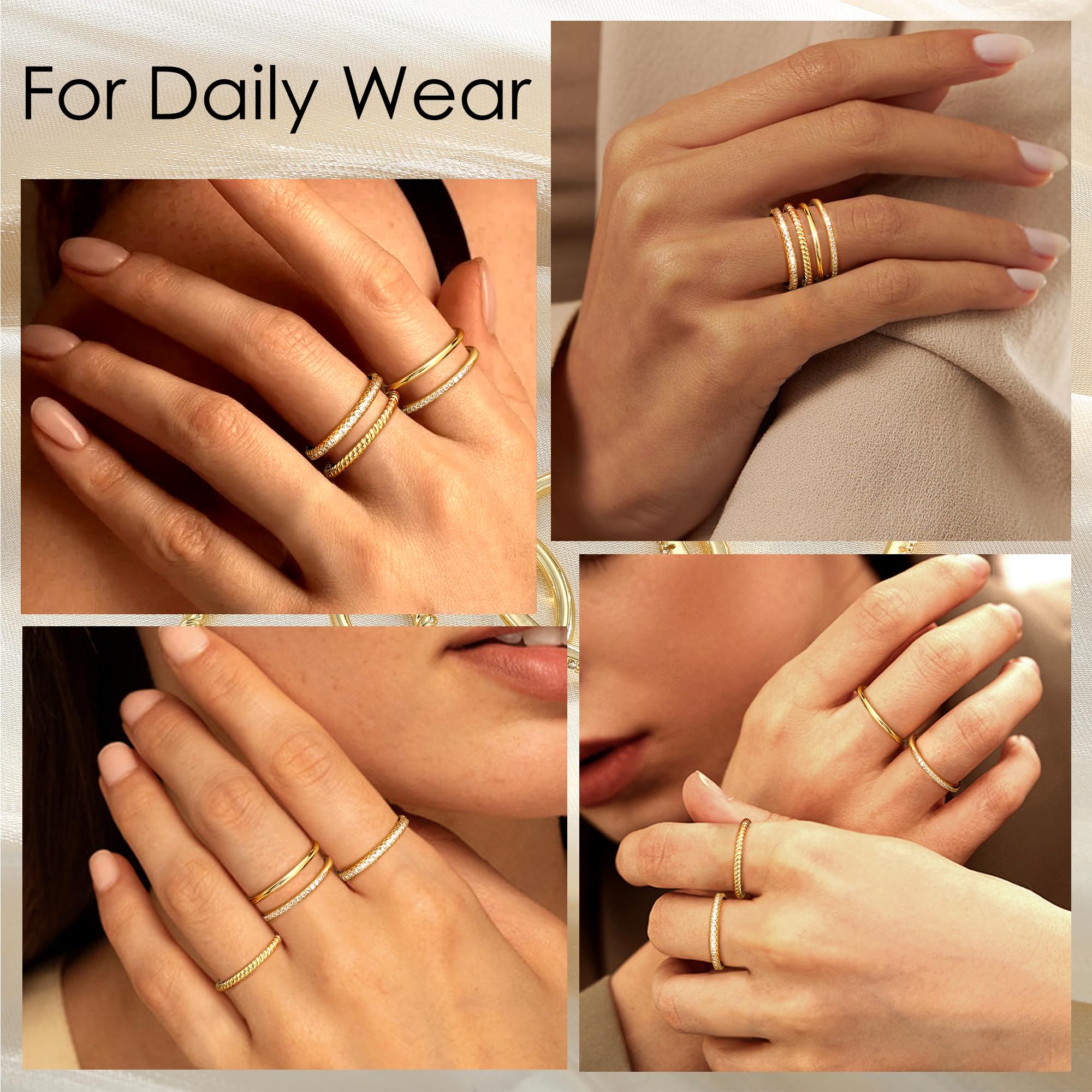 Stackable Gold Rings for Women 14K Gold Plated Stackable Thin Ring Minimalist Non Tarnish Cubic Zirconia Band Rings Dainty Trendy Statement Stacking Ring Set Size 5-10