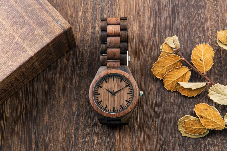 Wood Watch for Men, Custom Engraved Watch, Father's Day Gift for Dad, Gift for Father Husband Boyfriend, Walnut Ebony Wooden Watch
