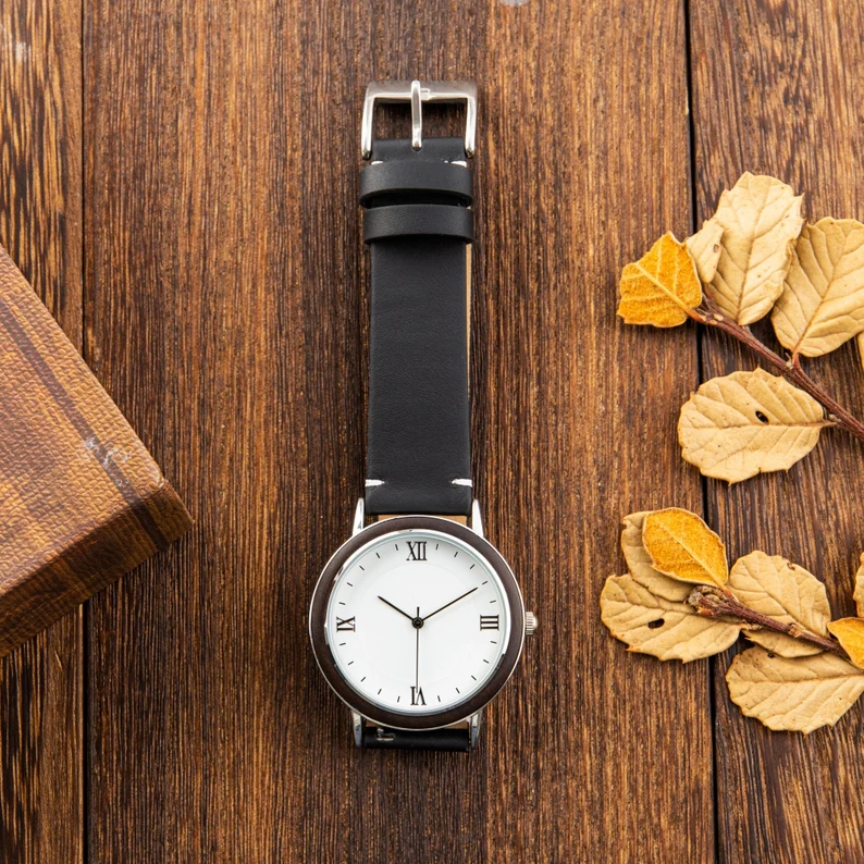 Men's Ebony Wood Watch, Leather Band, Personalized Engraved Gift