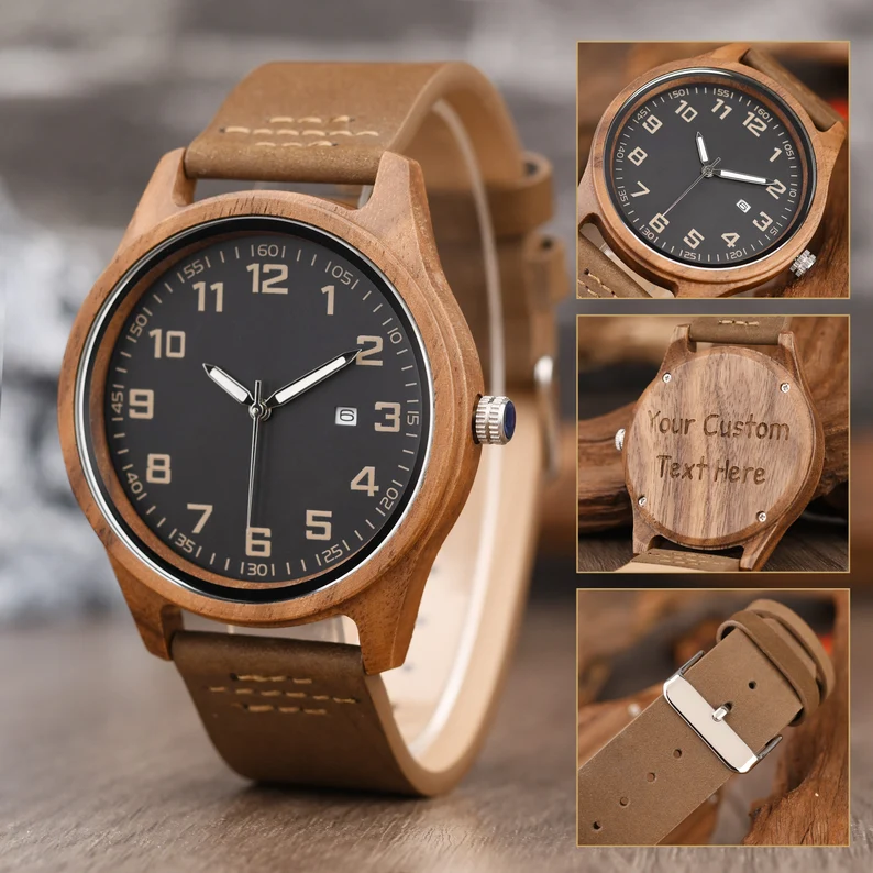 Wood Watch for Men, Anniversary Gift for Him, Engraved Wood Watch, Birthday Gift for Husband Dad, Father's Day Gift, Luminous Watch