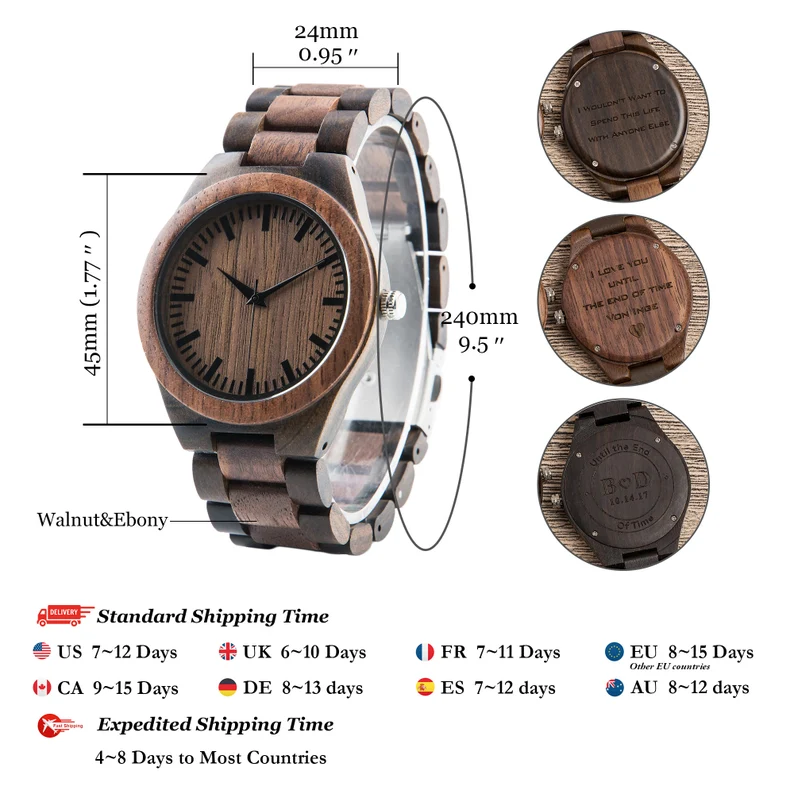 Wood Watch for Men, Custom Engraved Watch, Father's Day Gift for Dad, Gift for Father Husband Boyfriend, Walnut Ebony Wooden Watch