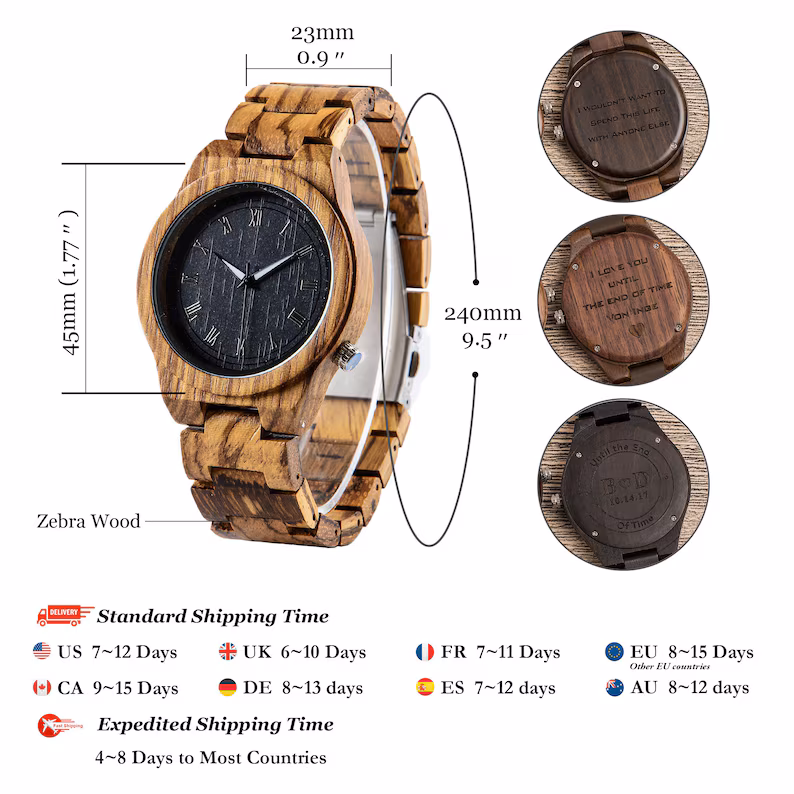 Wood Watch Engraved, Custom Watch for Men, Personalized Watches, 5th Anniversary Gift, Birthday Gift for Men, Wood Watch for Son