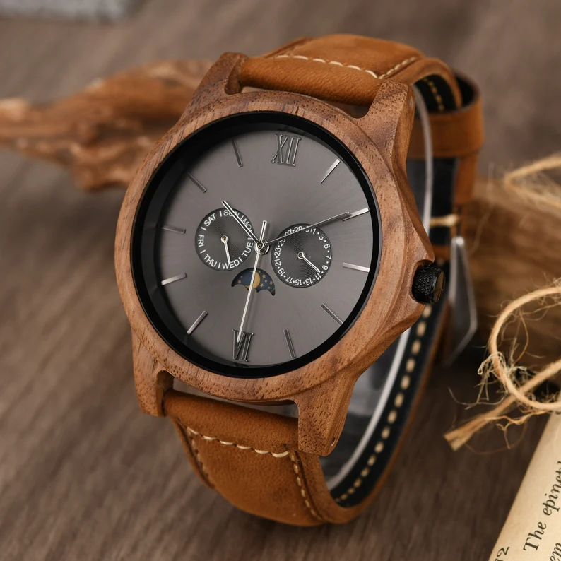 Wood Watch, Custom Mens Watch, Engraved Wood Watch, Walnut Watch with Leather Stap, Anniversary Watch for Him, Moon Phrase Date Week