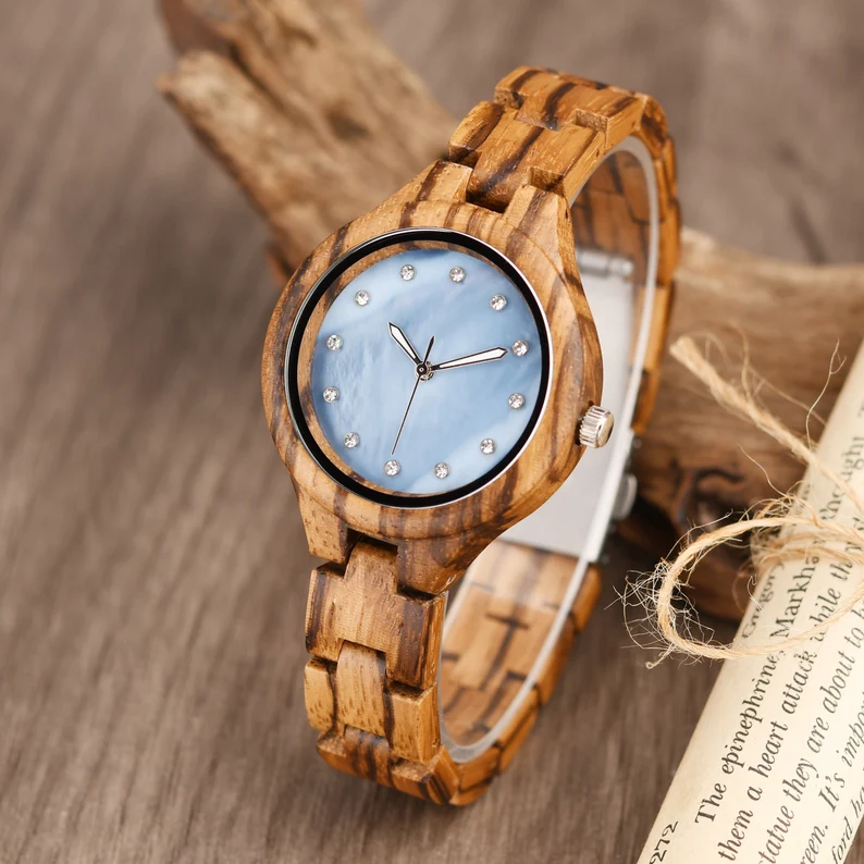Engraved Zebra Wood Watch for Women, Personalized Anniversary Gift