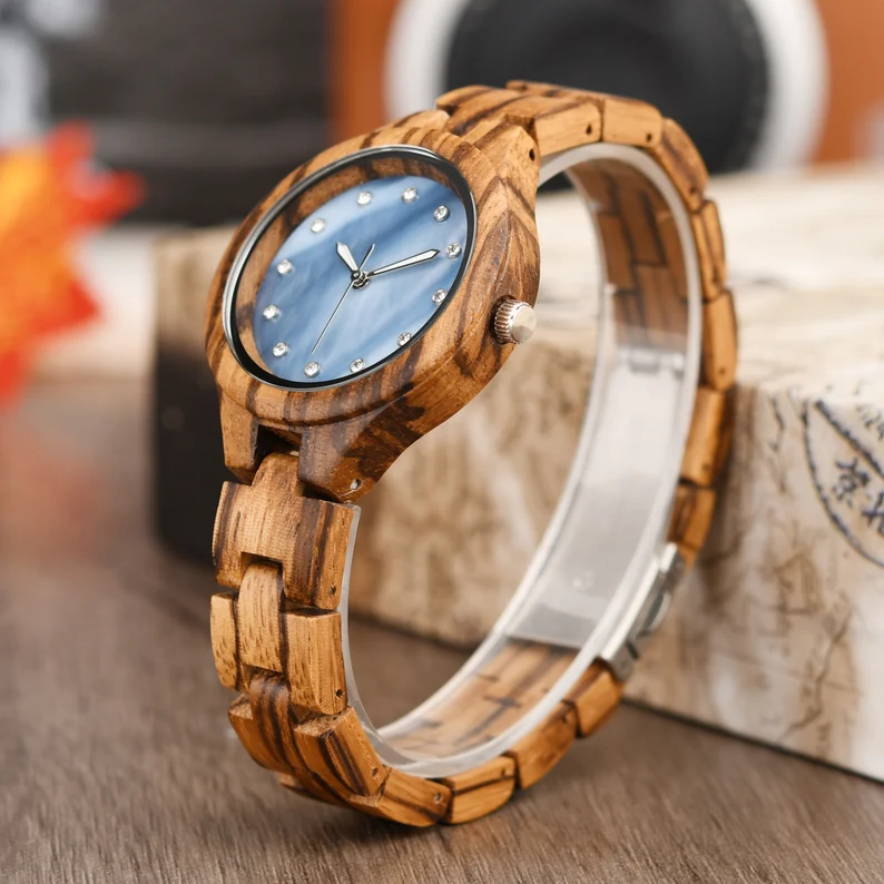Engraved Zebra Wood Watch for Women, Personalized Anniversary Gift
