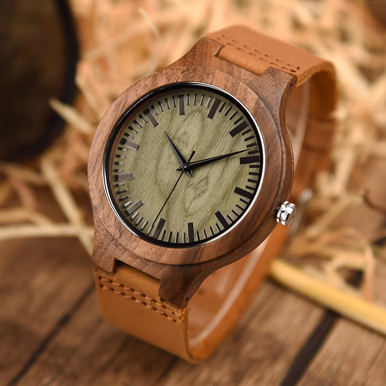 Men's Engraved Wood Watch, Personalized Birthday Christmas Gift for Him, Leather Strap
