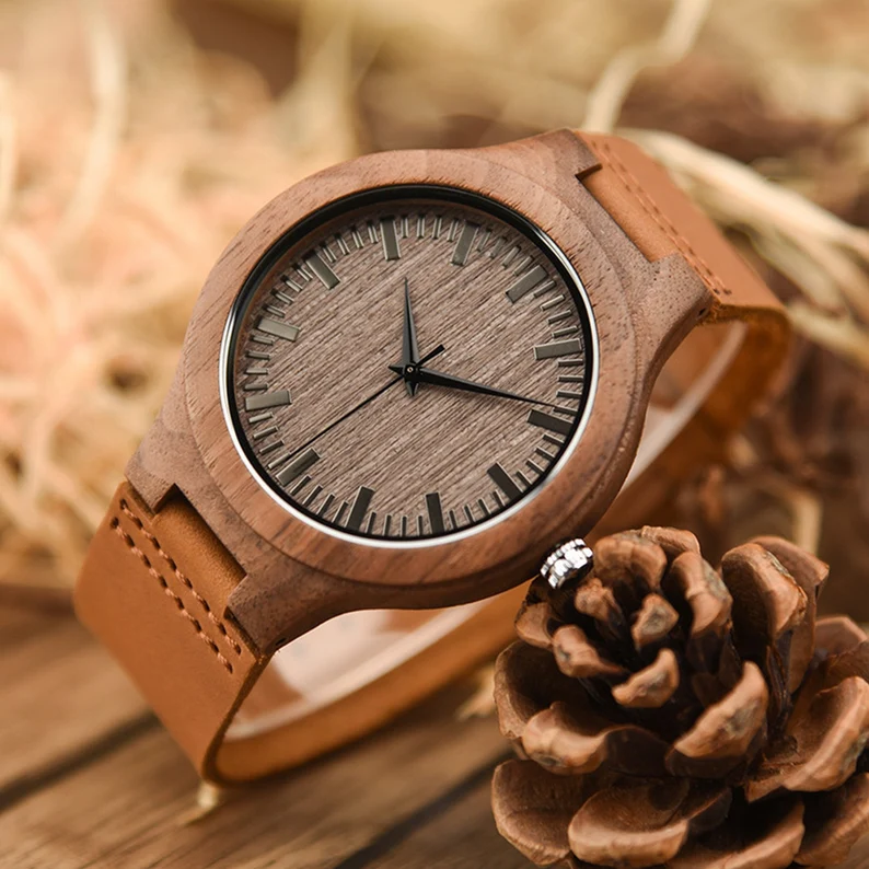 Men's Engraved Wood Watch, Personalized Birthday Christmas Gift for Him, Leather Strap