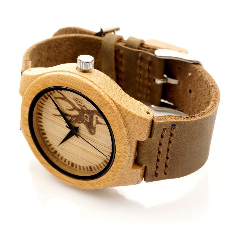 WJW---Clean Design Deer Bamboo Wooden Watch with Leather Strap Band