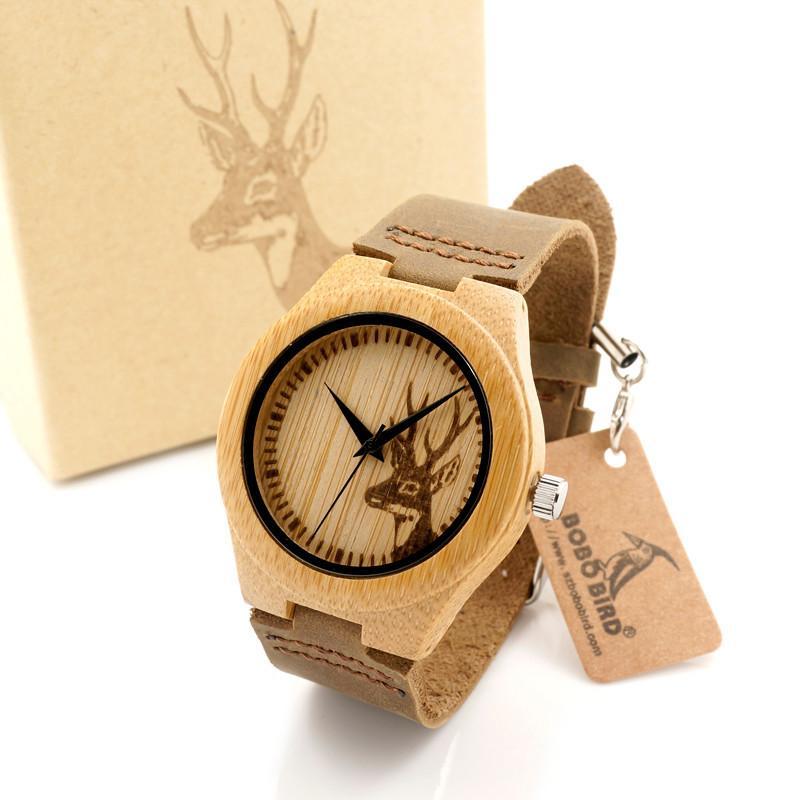 WJW---Clean Design Deer Bamboo Wooden Watch with Leather Strap Band