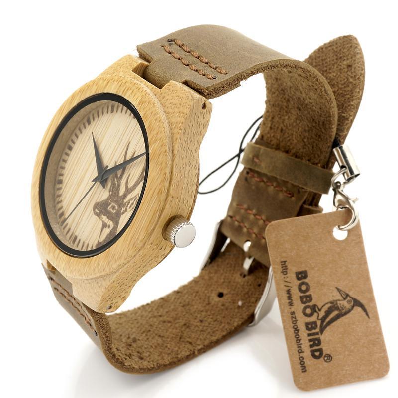 WJW---Clean Design Deer Bamboo Wooden Watch with Leather Strap Band